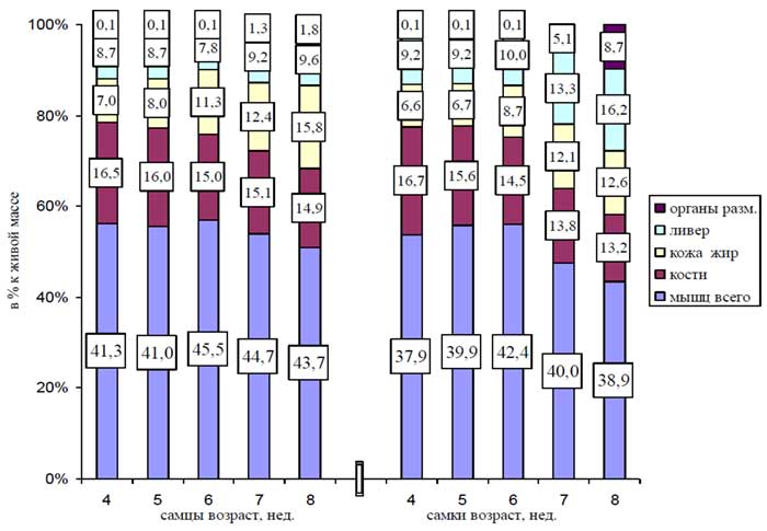 Морфологический состав тушек перепелов в различные возрастные периоды (самцы, самки)
